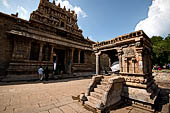 The great Chola temples of Tamil Nadu - The Airavatesvara temple of Darasuram. Nandi mandapa in front of the entrance gopura.